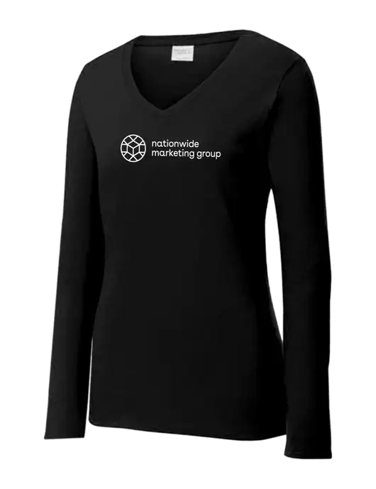 Womens V-Neck Ring Spun Jet Black 4.5 oz Long Sleeve T-Shirt w/Nationwide Logo