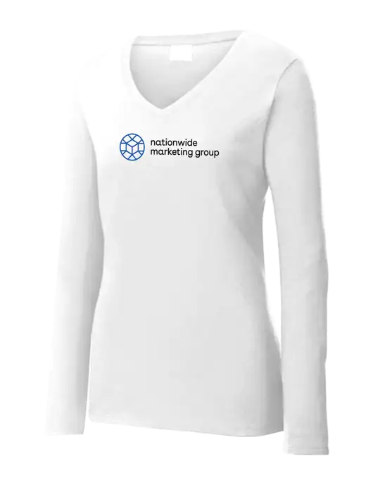 Womens  V-Neck Ring Spun White 4.5 oz Long Sleeve T-Shirt w/Nationwide Logo