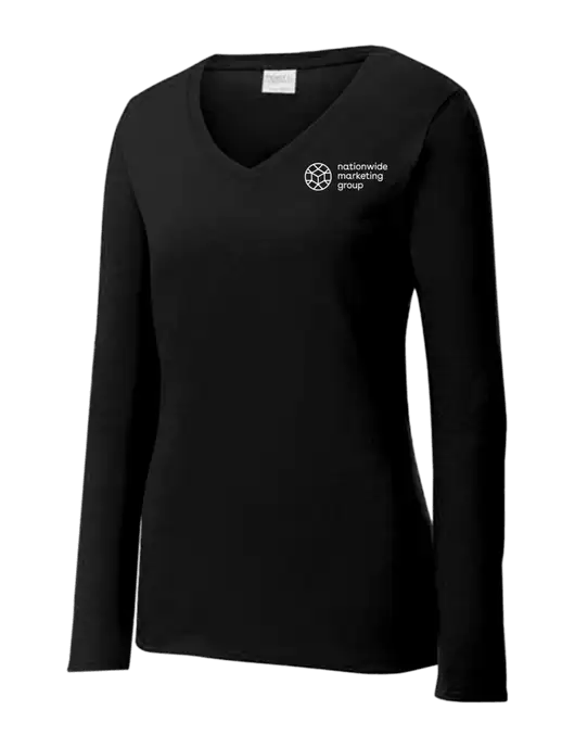 Womens V-Neck Ring Spun Jet Black 4.5 oz Long Sleeve T-Shirt w/Nationwide Logo