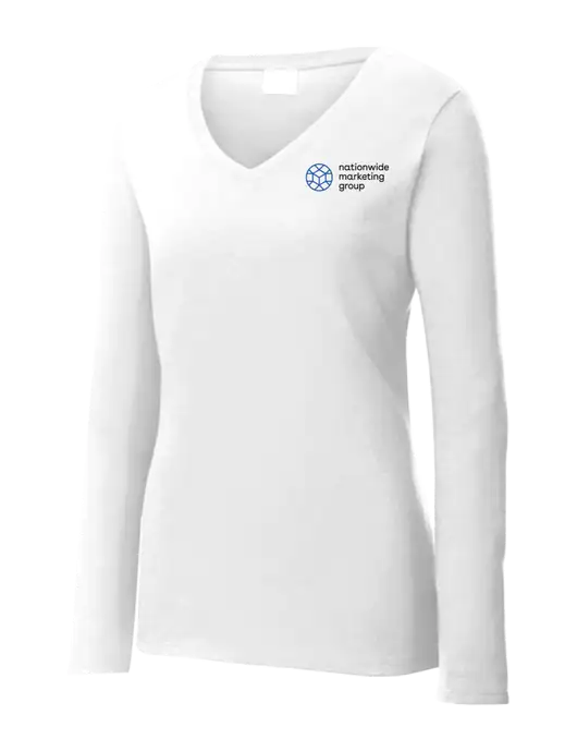 Womens  V-Neck Ring Spun White 4.5 oz Long Sleeve T-Shirt w/Nationwide Logo